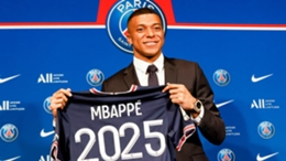 Kylian Mbappe at his press conference announcing he will remain with Paris Saint-Germain until 2025
