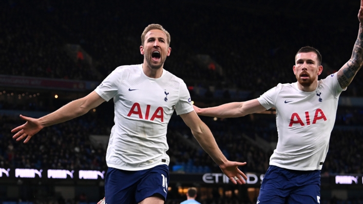 Harry Kane celebrates scoring for Tottenham against Manchester City