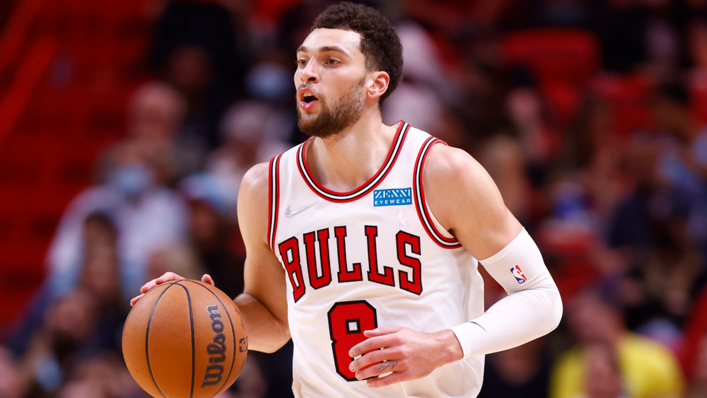 Zach LaVine of the Chicago Bulls dribbles the ball up the court against the Miami Heat