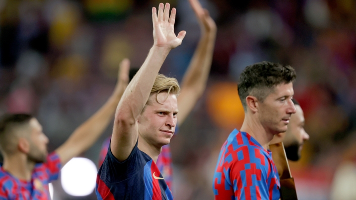Frenkie de Jong waves to the fans after scoring in Barcelona's 6-0 friendly win against Pumas