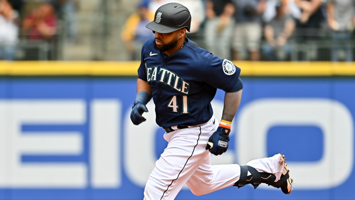 Carlos Santana of the Seattle Mariners hits a two-run home run during the seventh inning against the New York Yankees