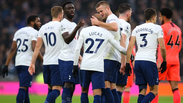 Tottenham celebrate Lucas Moura's strike