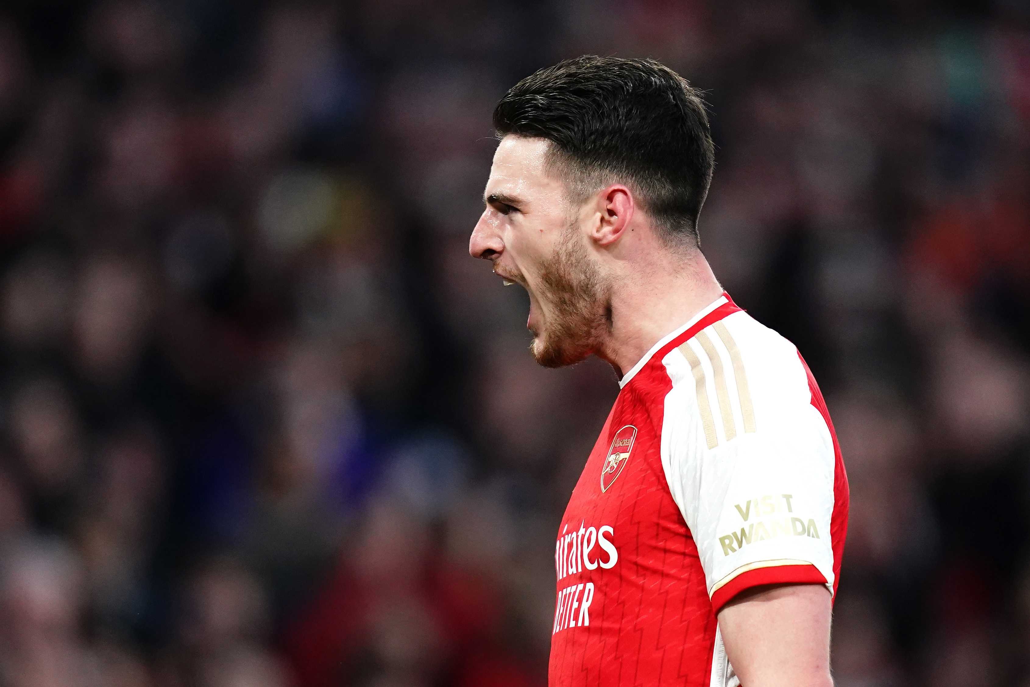 Declan Rice celebrates after scoring Arsenal's first goal against Brentford
