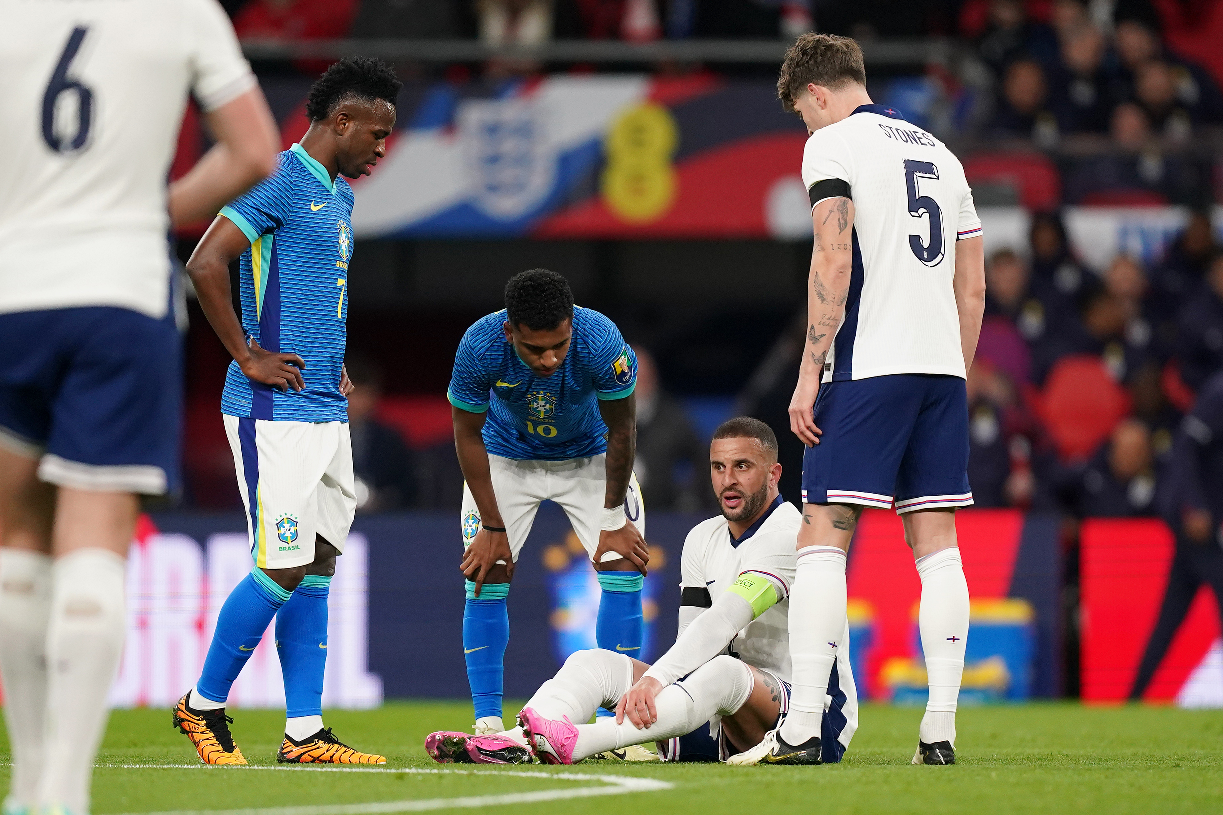 Kyle Walker (second from right) picked up an injury against Brazil in the most recent international break