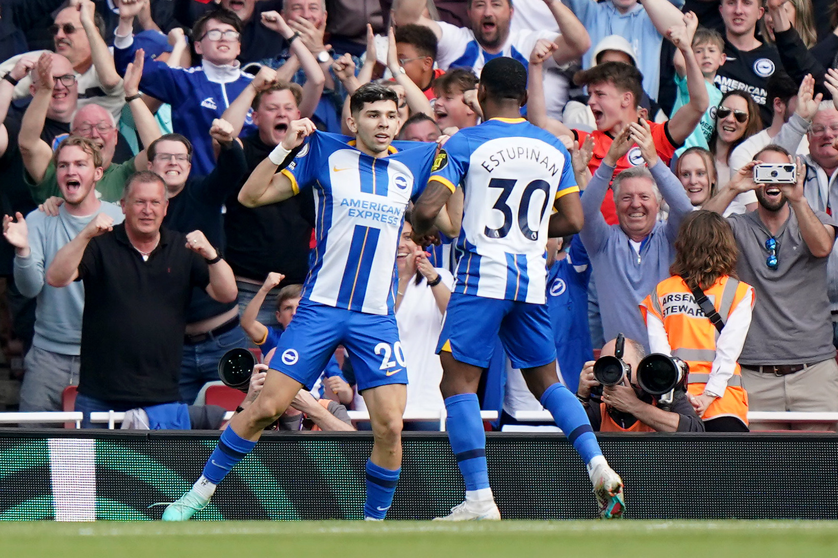 Julio Enciso (left) opened the scoring as Brighton romped to victory at Arsenal in May