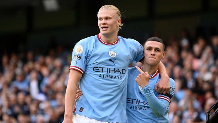 Erling Haaland and Phil Foden celebrate in Man City's win against Man Utd