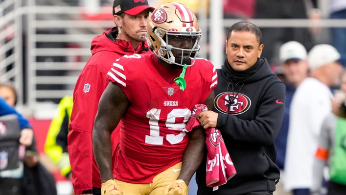 Deebo Samuel of the San Francisco 49ers looks on after an injury against the Seattle Seahawks