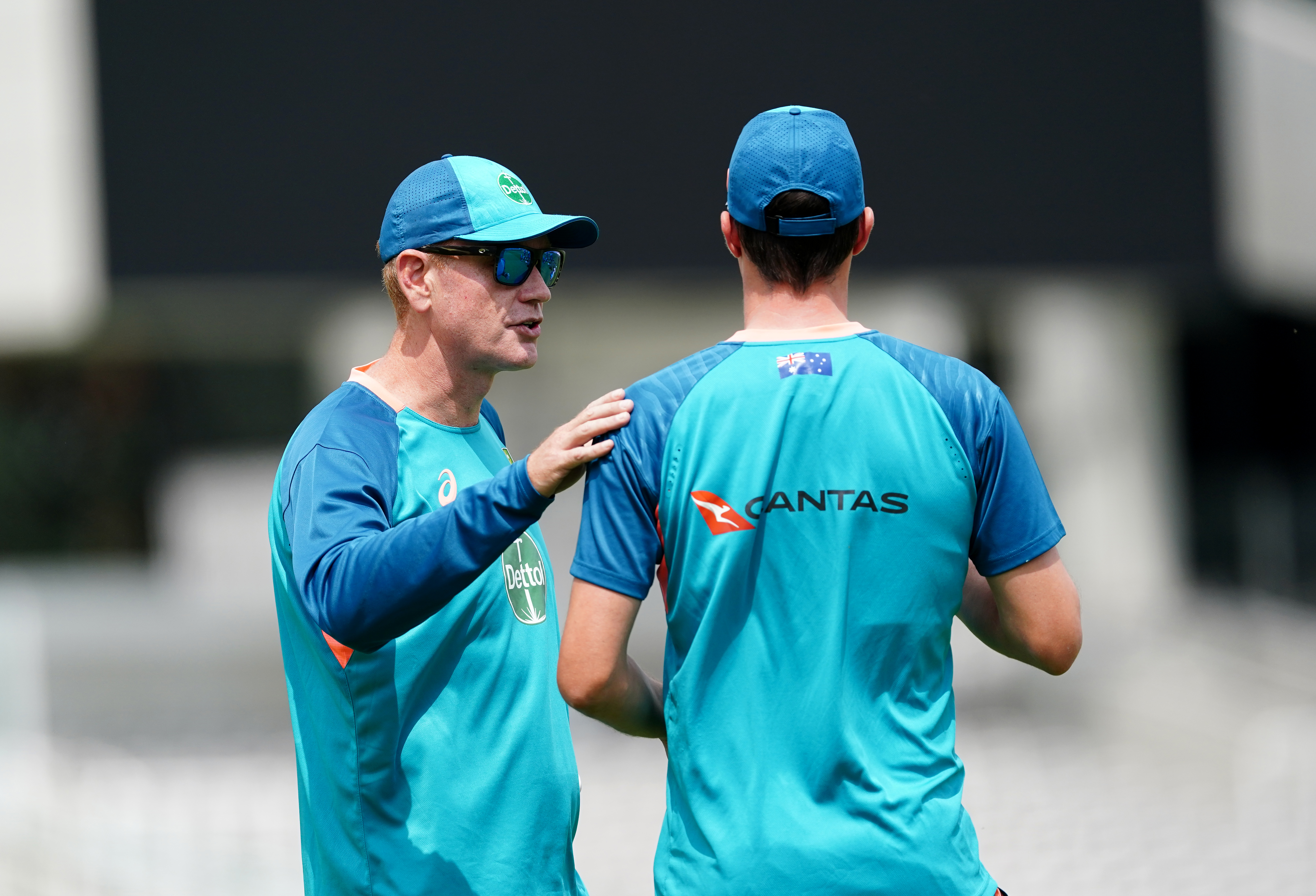 Australia head coach Andrew McDonald and Pat Cummins during a nets session at Lord’s