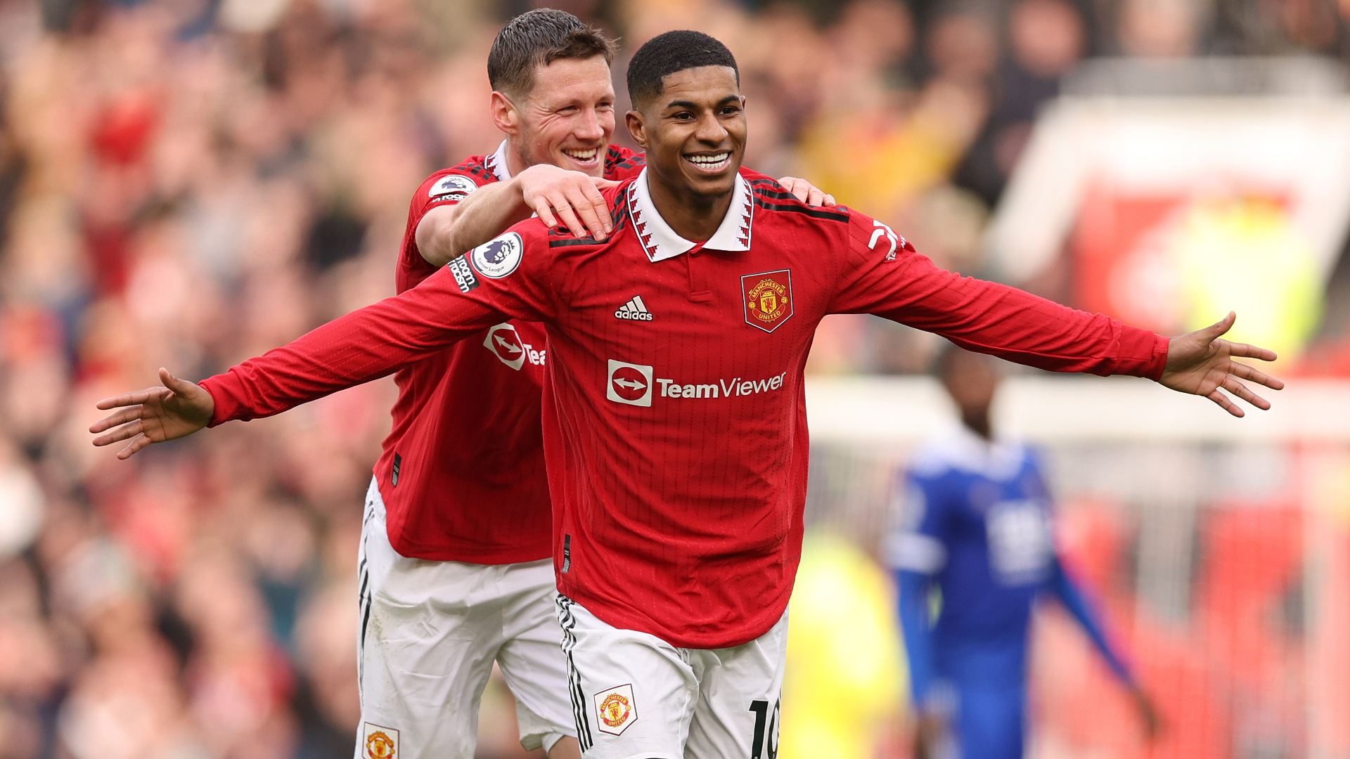 Marcus Rashford celebrates at Old Trafford on Sunday