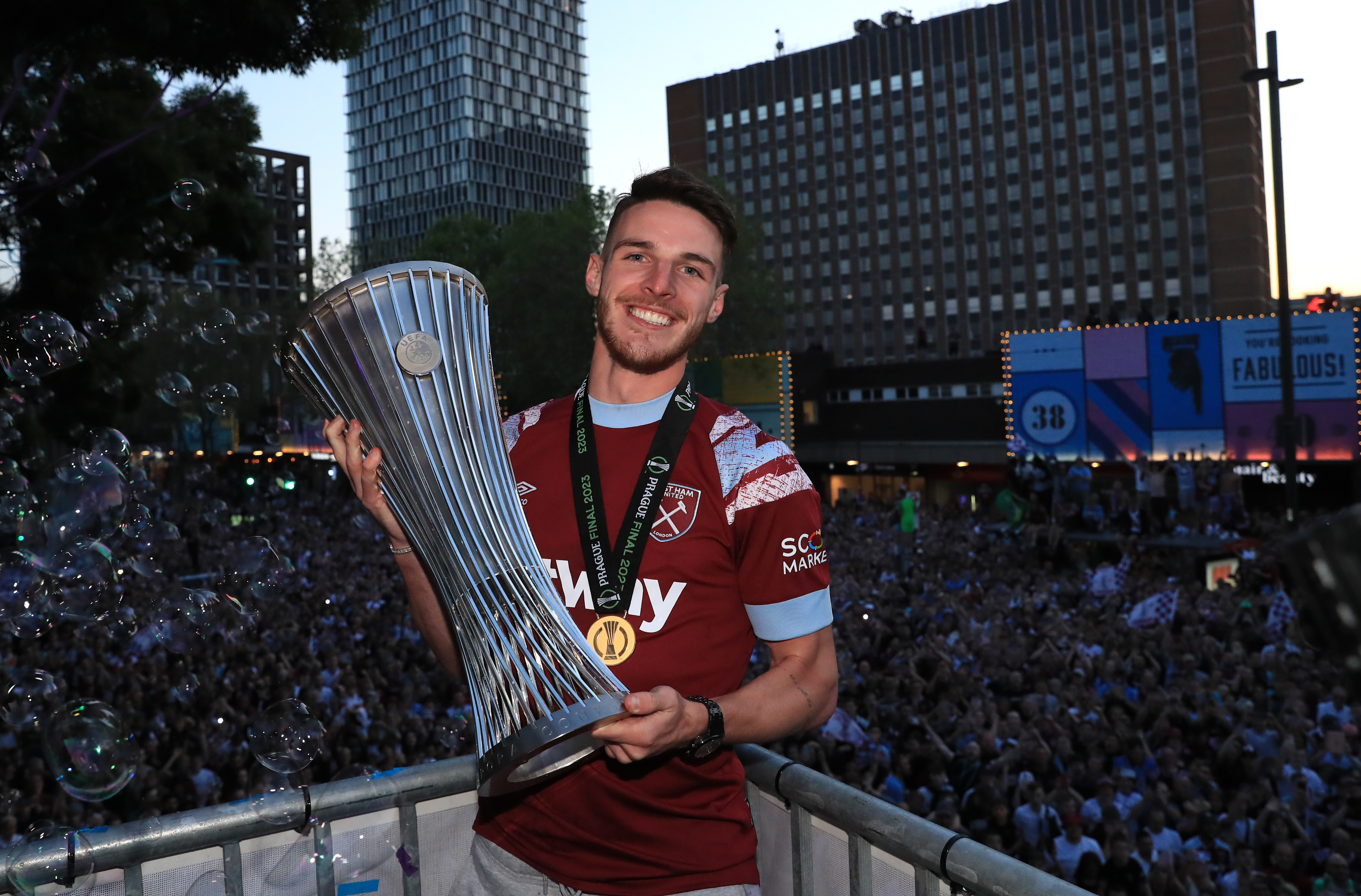 Declan Rice with the Europa Conference League trophy