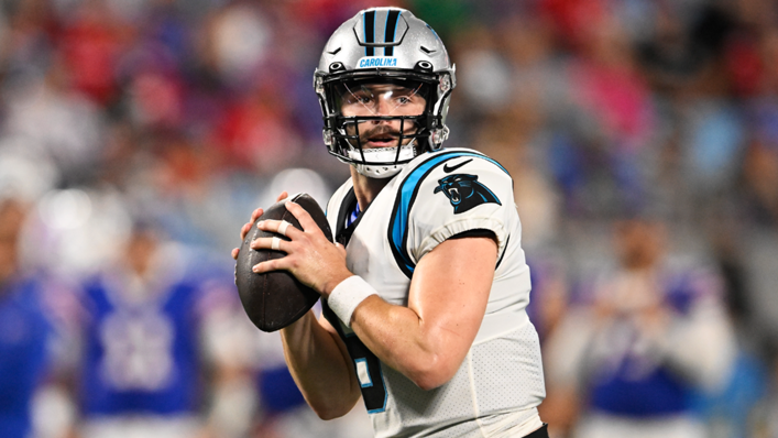 Baker Mayfield of the Carolina Panthers throws a pass in the second quarter against the Buffalo Bills during a preseason game