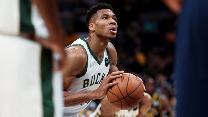 Giannis Antetokounmpo #34 of the Milwaukee Bucks attempts a free throw in the third quarter against the Indiana Pacers