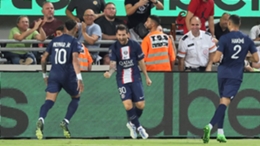 Lionel Messi celebrates scoring against Nantes in the Trophee des Champions