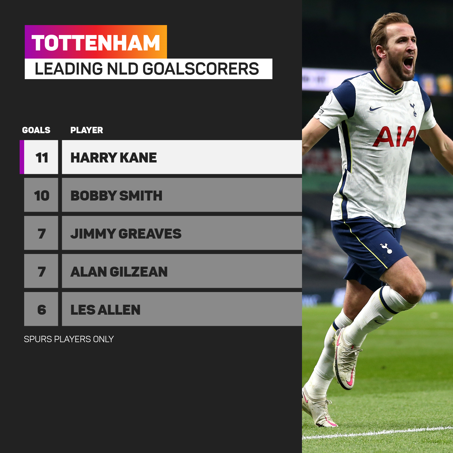Harry Kane is the leading north London derby goalscorer