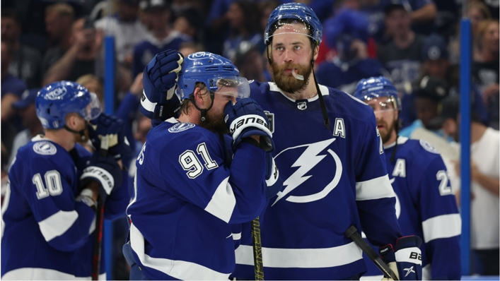 Steven Stamkos (left) is consoled by teammate Victor Hedman after losing in the Stanley Cup Final