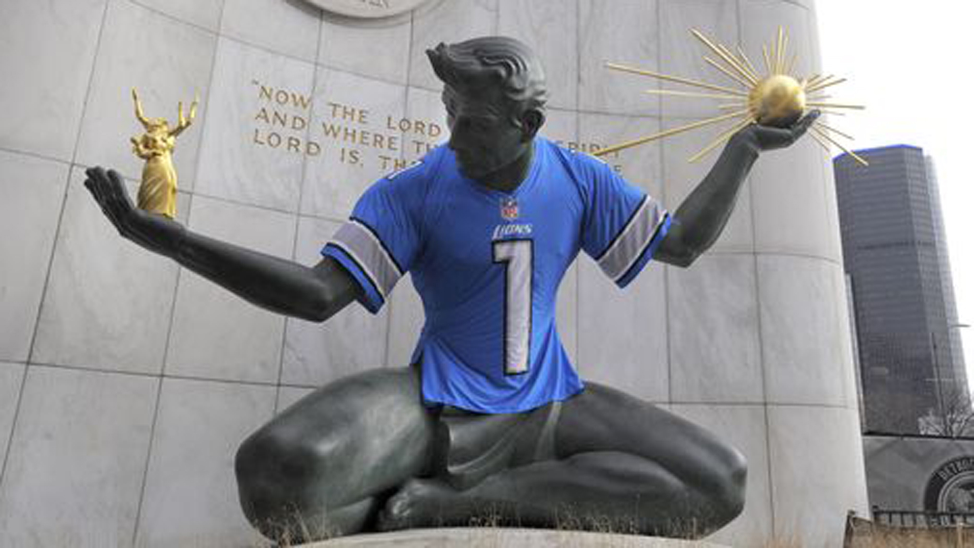 Spirit of Detroit dons Lions jersey before game against Cowboys | NFL ...