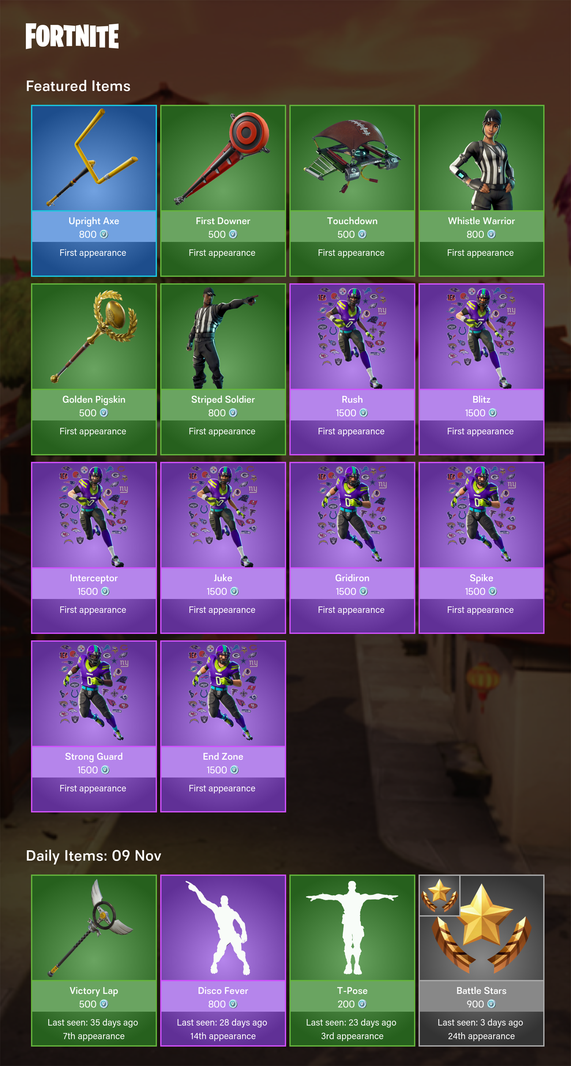 fortnite nfl skins item shop ftr - fortnite v bucks price canada